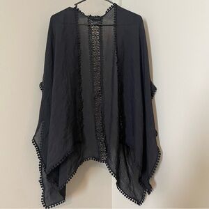 Steve Madden Black Sheer Kimono/Swim cover up with Pom Pom Trim